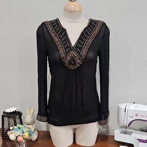 Black Beaded Silk V-Neck Long-Sleeve Women's Top Sheer. Sz Small Sz 4